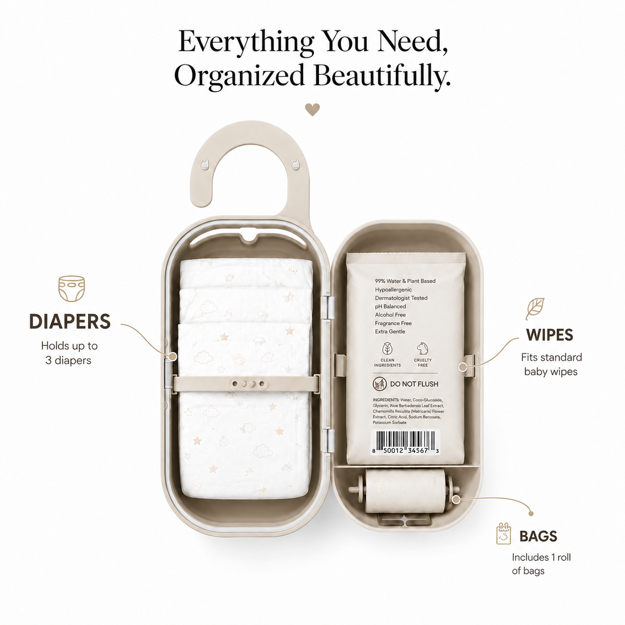 Keepigo| Baby Beige| Diaper Bag Wipe Dispenser | 3-in-1 Portable Diaper Caddy Organizer, Baby Wipe Holder with Disposable Bags | Baby Essentials for Newborns, Toddlers, Travel & Baby Shower Gifts