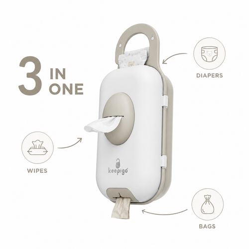 Keepigo| Baby Beige| Diaper Bag Wipe Dispenser | 3-in-1 Portable Diaper Caddy Organizer, Baby Wipe Holder with Disposable Bags | Baby Essentials for Newborns, Toddlers, Travel & Baby Shower Gifts