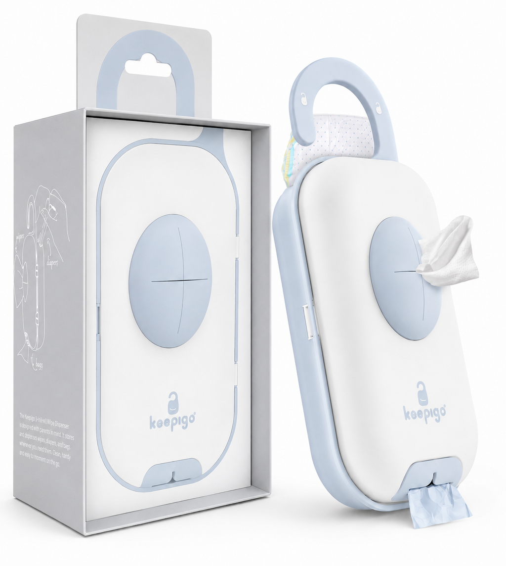 Keepigo| Baby blue| Diaper Bag Wipe Dispenser | 3-in-1 Portable Diaper Caddy Organizer, Baby Wipe Holder with Disposable Bags | Baby Essentials for Newborns, Toddlers, Travel & Baby Shower Gifts