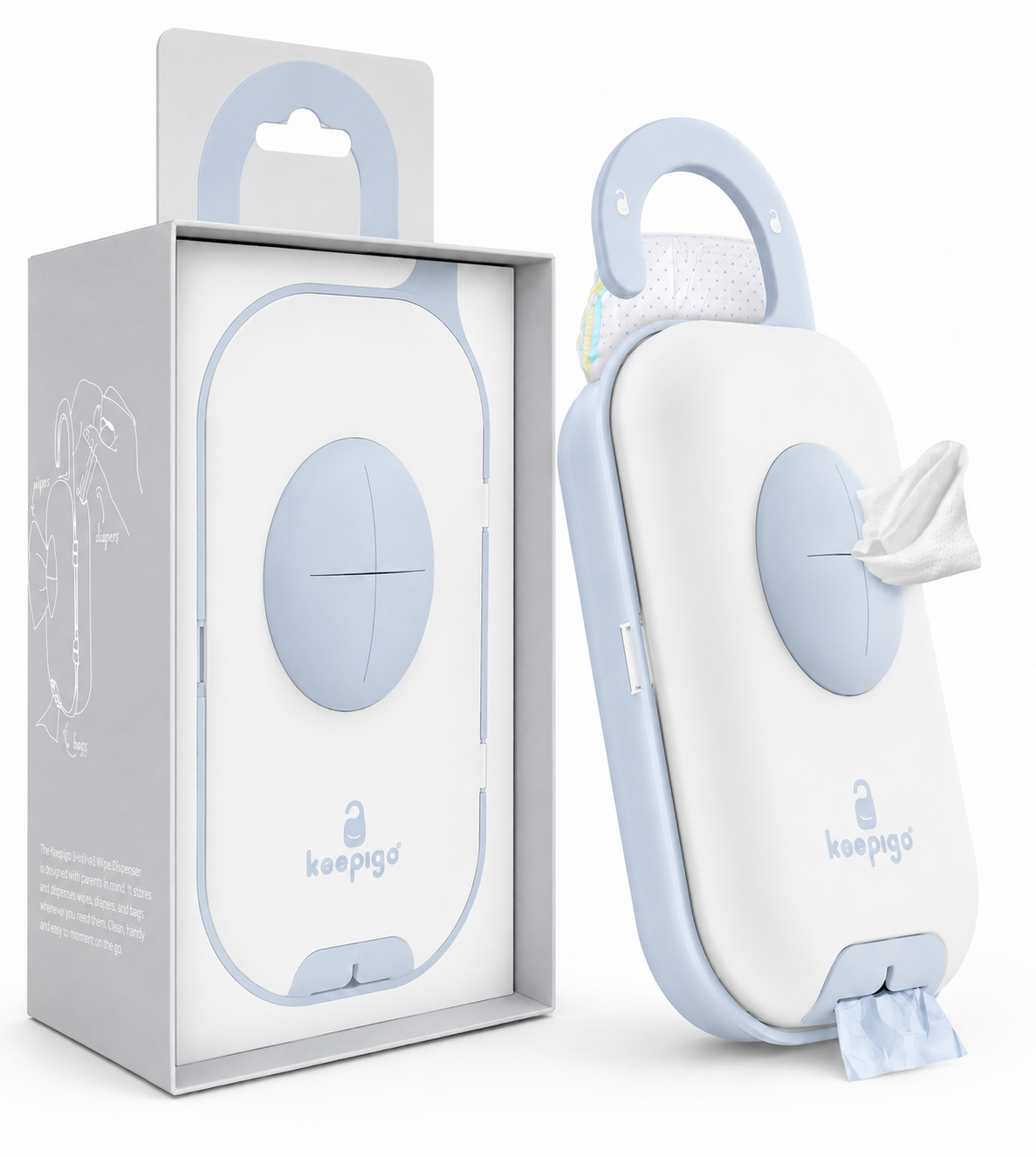 Keepigo| Baby blue| Diaper Bag Wipe Dispenser | 3-in-1 Portable Diaper Caddy Organizer, Baby Wipe Holder with Disposable Bags | Baby Essentials for Newborns, Toddlers, Travel & Baby Shower Gifts