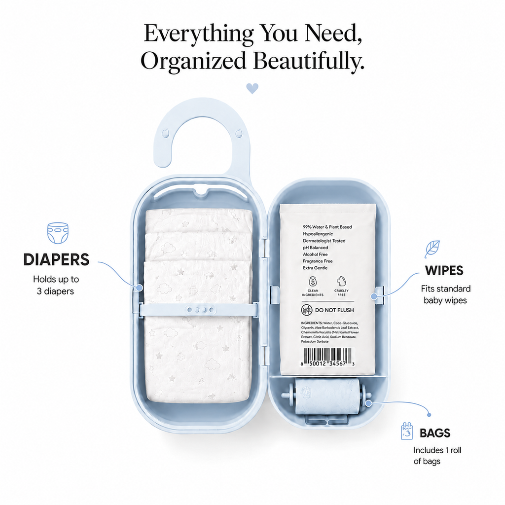 Keepigo| Baby blue| Diaper Bag Wipe Dispenser | 3-in-1 Portable Diaper Caddy Organizer, Baby Wipe Holder with Disposable Bags | Baby Essentials for Newborns, Toddlers, Travel & Baby Shower Gifts