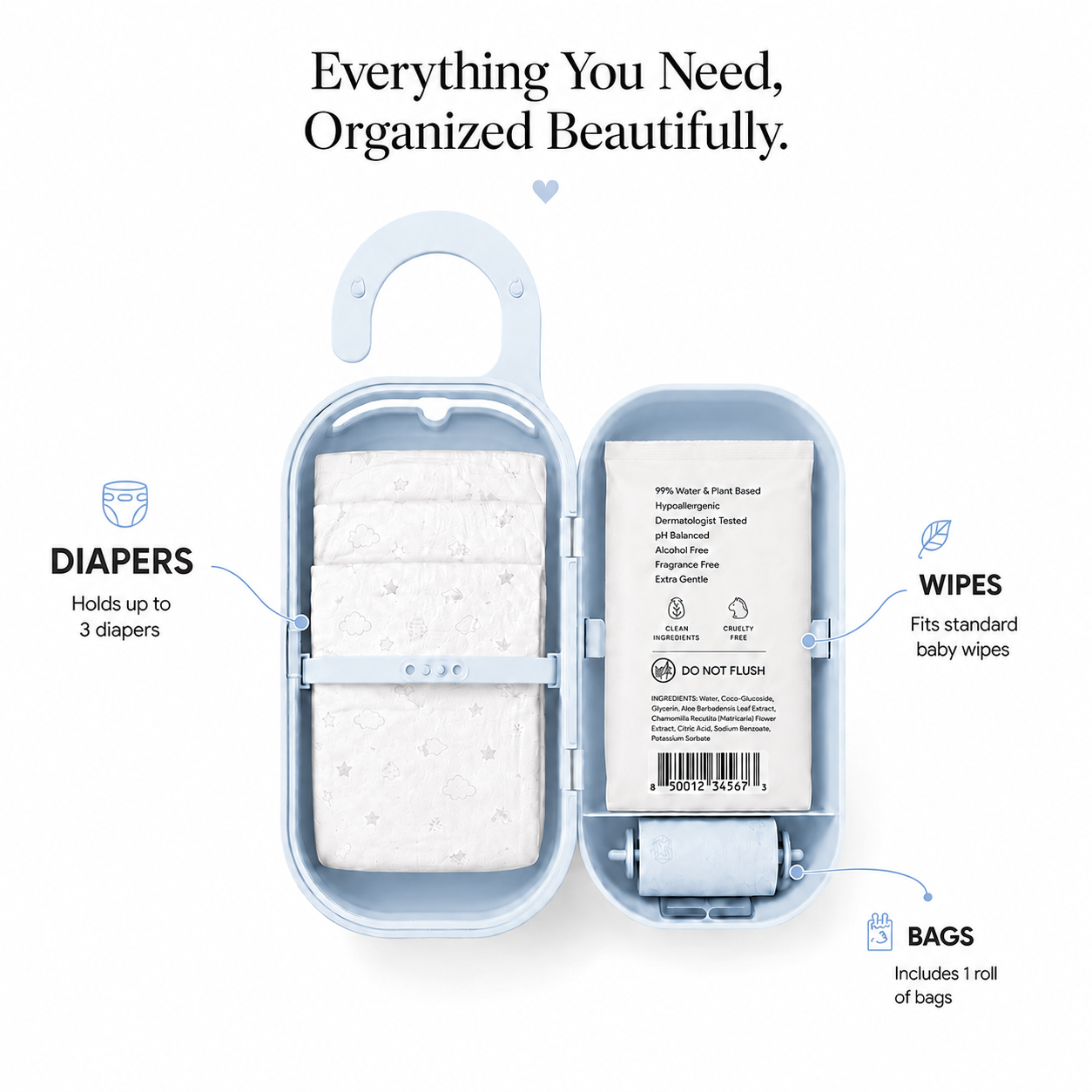 Keepigo| Baby blue| Diaper Bag Wipe Dispenser | 3-in-1 Portable Diaper Caddy Organizer, Baby Wipe Holder with Disposable Bags | Baby Essentials for Newborns, Toddlers, Travel & Baby Shower Gifts