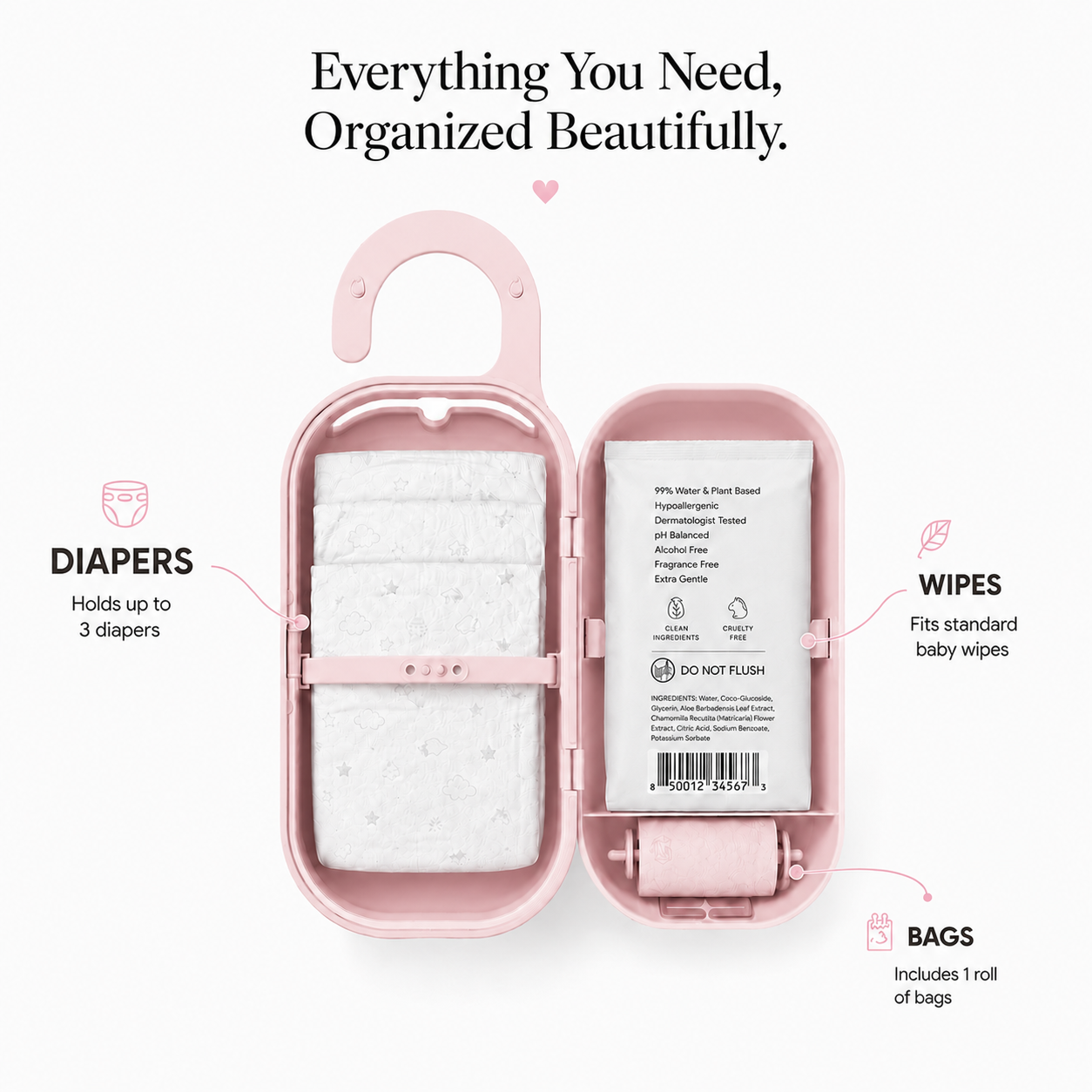 Keepigo| Baby Beige| Diaper Bag Wipe Dispenser | 3-in-1 Portable Diaper Caddy Organizer, Baby Wipe Holder with Disposable Bags | Baby Essentials for Newborns, Toddlers, Travel & Baby Shower Gifts