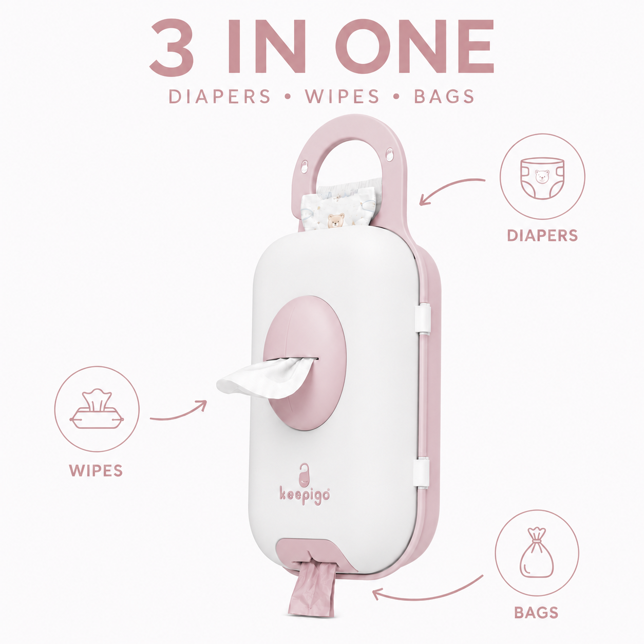 Keepigo| Baby Beige| Diaper Bag Wipe Dispenser | 3-in-1 Portable Diaper Caddy Organizer, Baby Wipe Holder with Disposable Bags | Baby Essentials for Newborns, Toddlers, Travel & Baby Shower Gifts